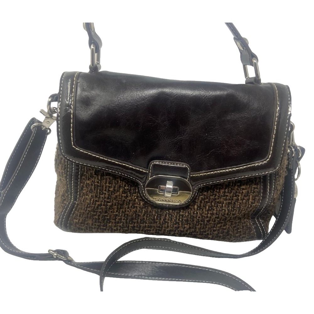Tignanello Brown‎ Tweed Leather Trim Satchel Shoulder Crossbody Bag - Picture 2 of 12